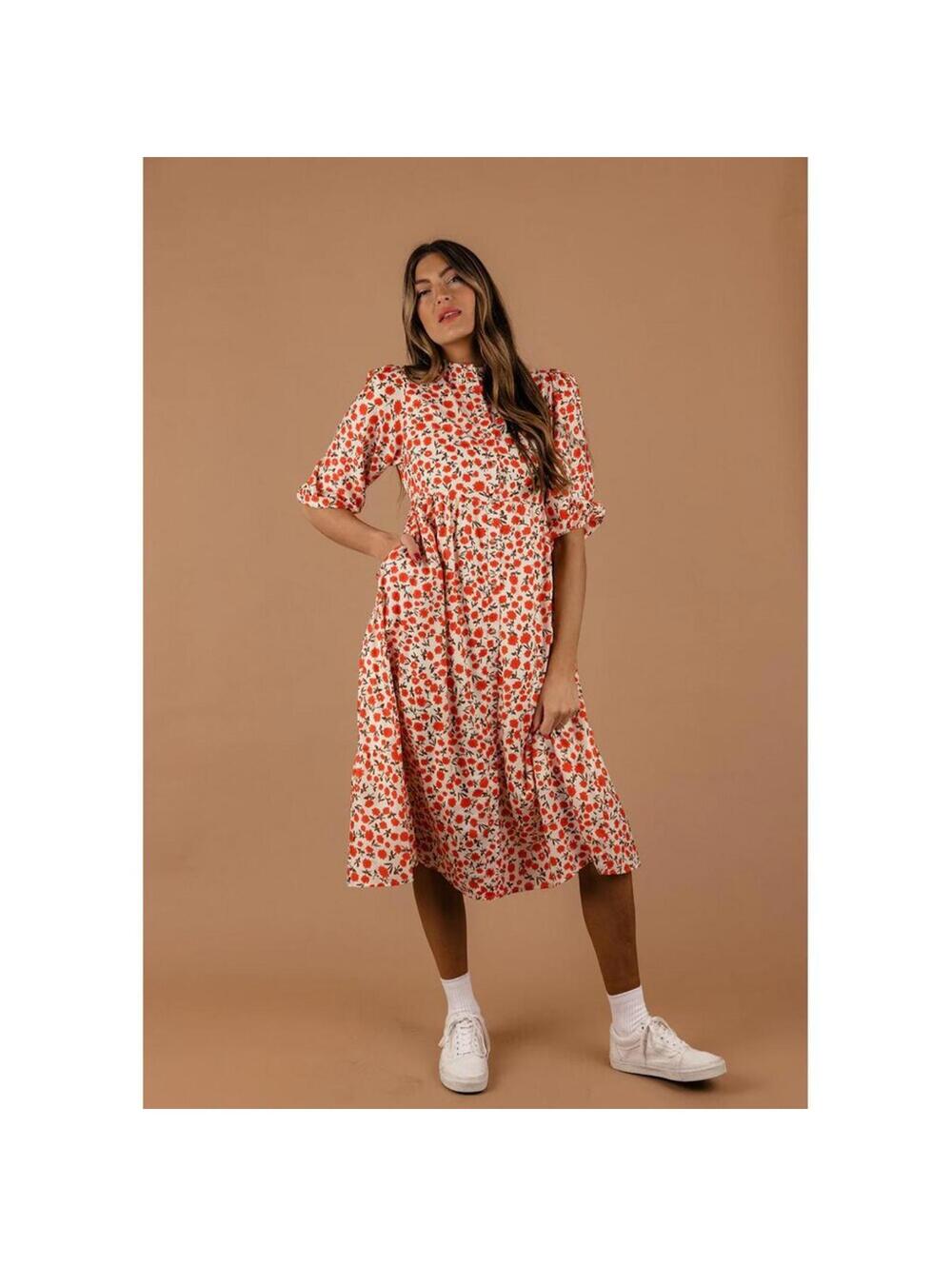 Roolee Red Floral Button Down Puff Sleeve Tiered Midi Dress Sweet Talk Sz M/10